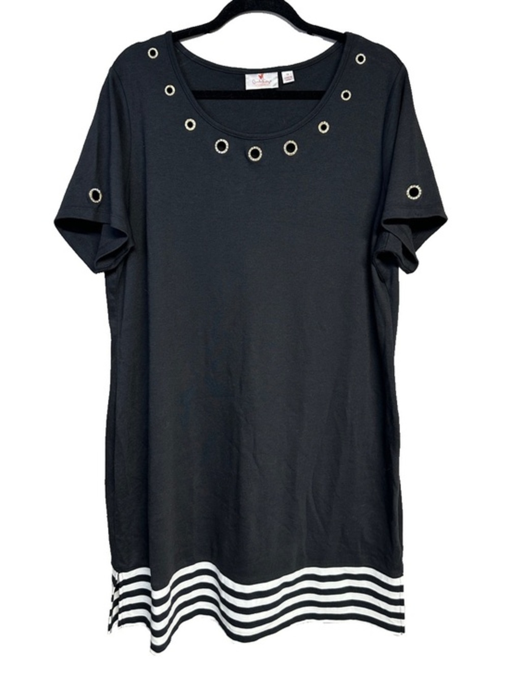Quacker Factory Tshirt Tunic Dress Black White Stripe Grommet Nautical Resort 1X